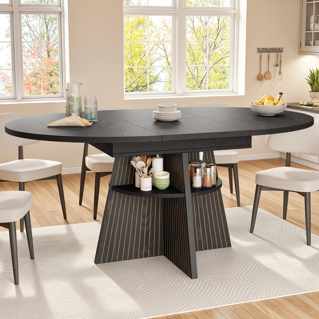 Tavolo da pranzo allungabile con vano aperto e angoli arrotondati per soggiorno e cucina; nero; 110-150 × 110 × 76 cm