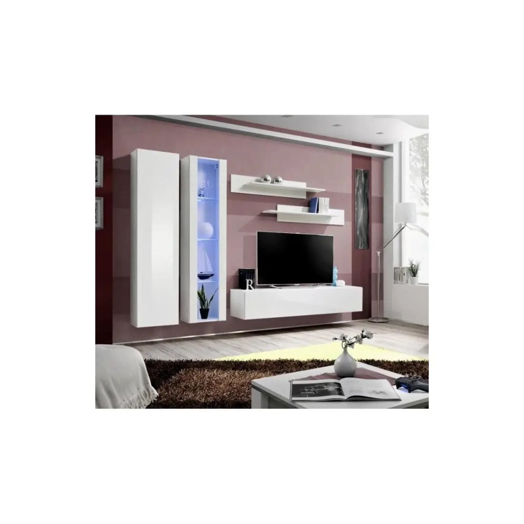 Mobile TV FLY A4 design, colore bianco lucido + LED. Mobile sospeso moderno e alla moda per il tuo soggiorno.