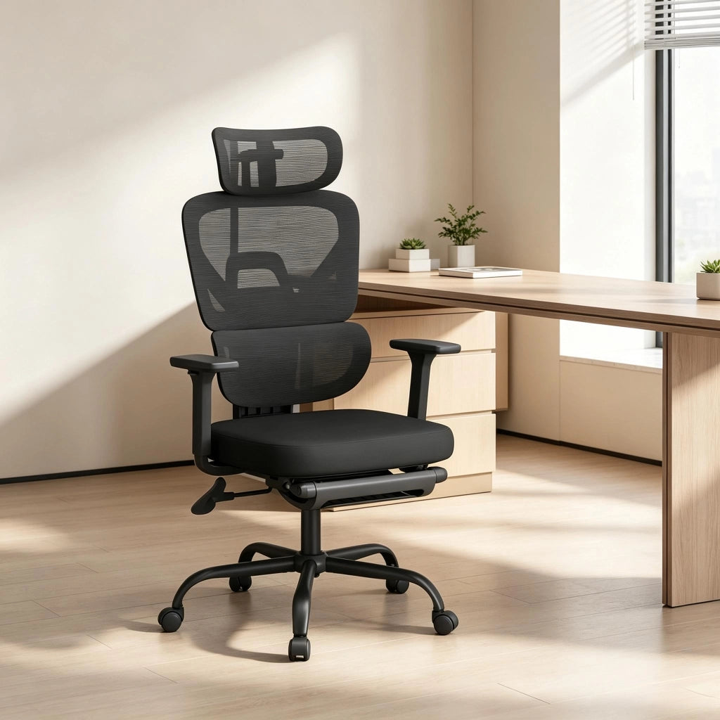 Sedia da ufficio ergonomica girevole con schienale regolabile poggiapiedi pieghevole e braccioli 3D in rete nera