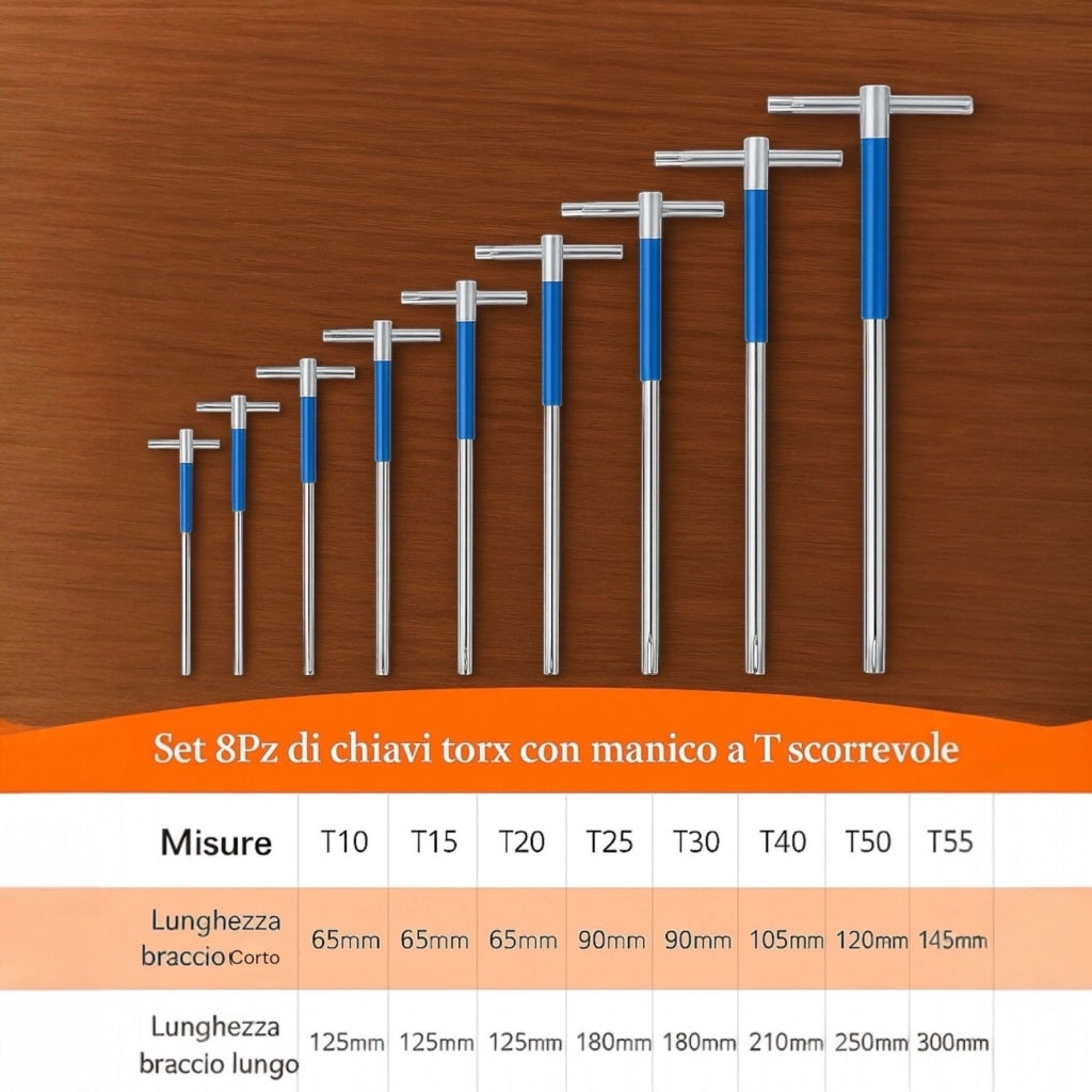Set Chiavi Torx a T 8 Pezzi T10–T55 CR-V con Manico 360° e Custodia Rigida
