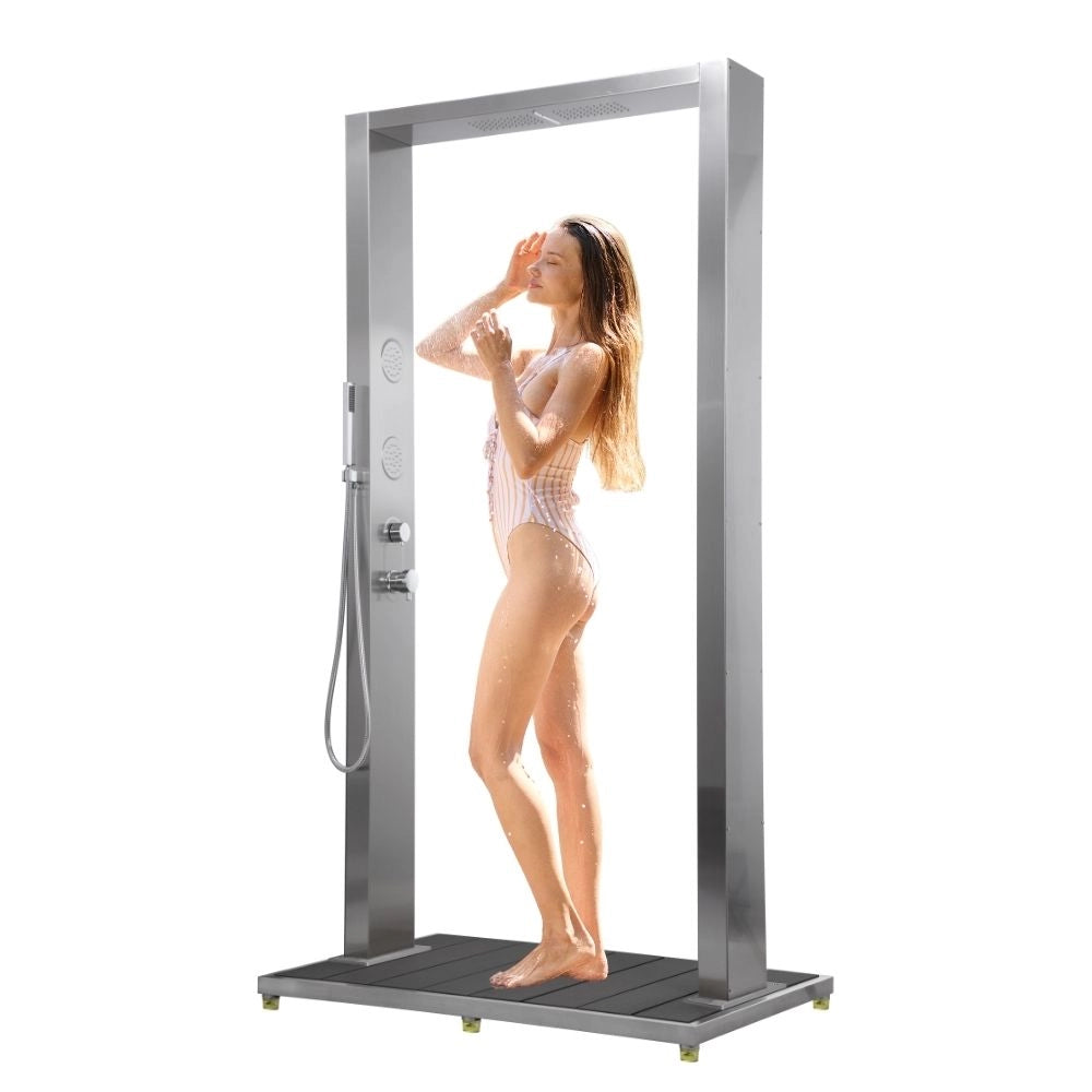 Colonna doccia da esterno doppia bamboo acciaio inox getti idro pedana wpc