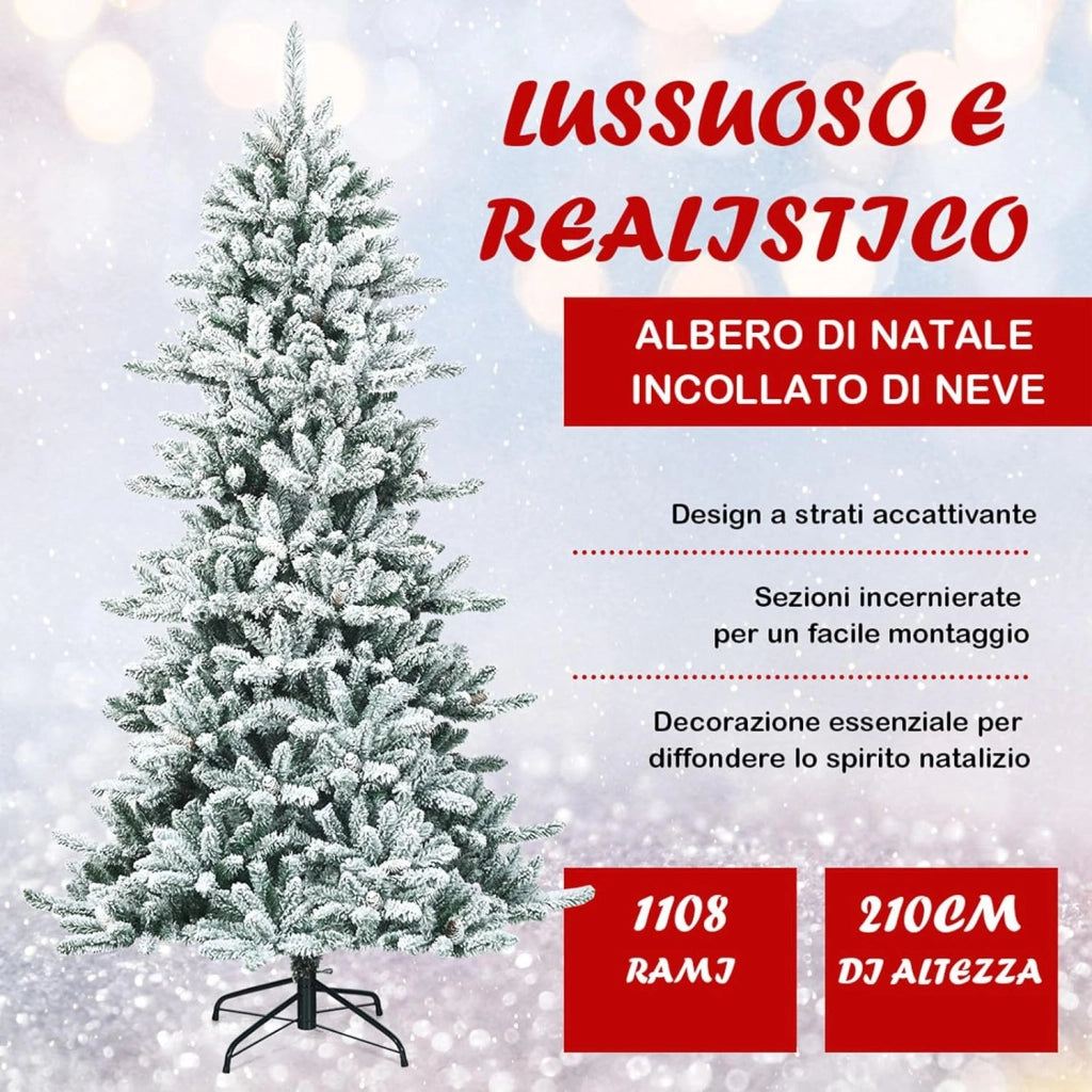 Albero di Natale Artificiale 210 cm, Albero di Natale Innevato con 1108 Rami Densi, Pigne Bianche e Base in Ferro, Decorazione Natalizia per Casa, Negozio e Ufficio