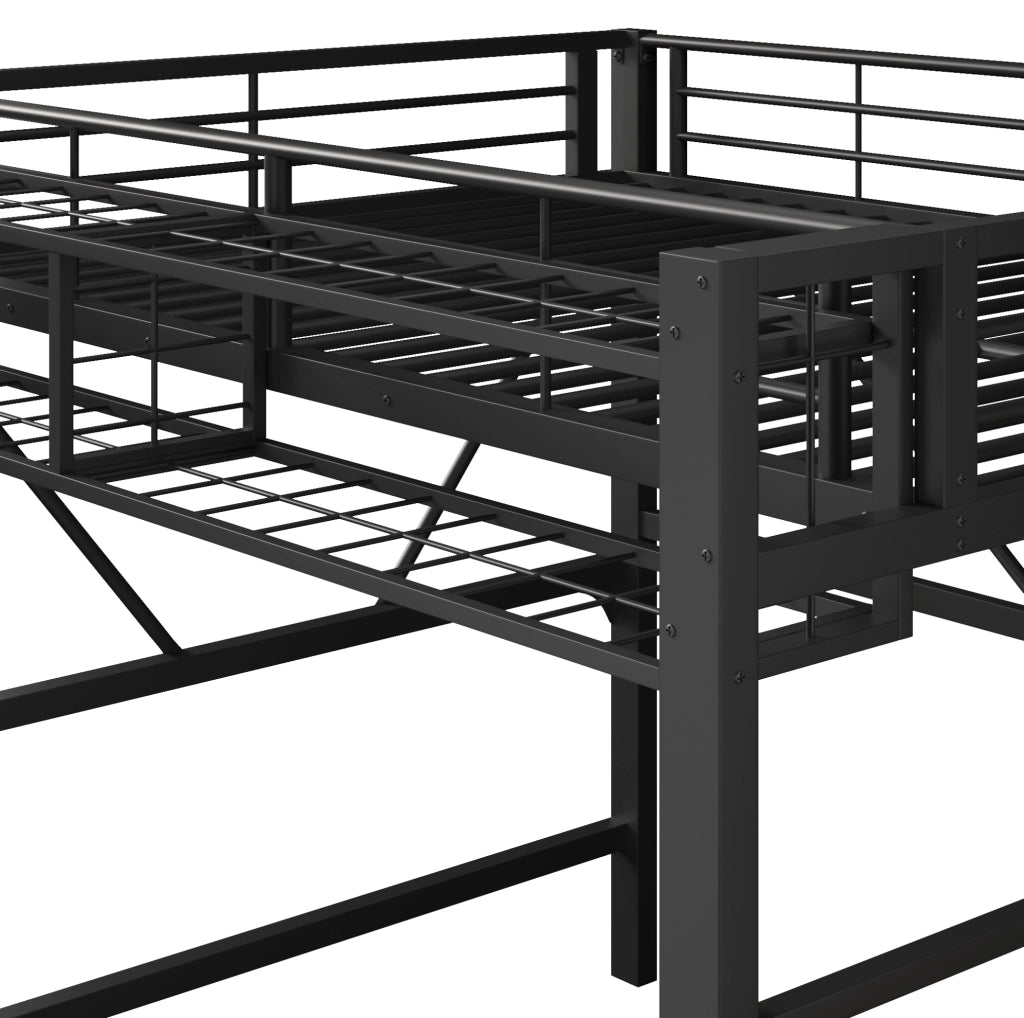 Letto a soppalco 140x200 cm con scaffale a gradini; vano portaoggetti e LED; in MDF e metallo nero
