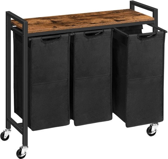 Wassorteerder a 3 posti - tessuto Oxford - 1 pannello - 4 ruote - 84 cm x 33 cm x 74 cm