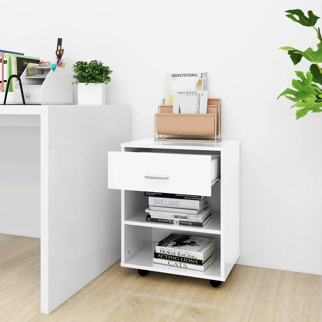 Mobiletto con Ruote Bianco Lucido 46x36x59 cm Legno Multistrato 808473