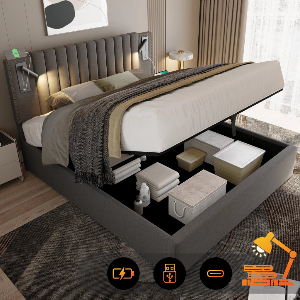 Letto matrimoniale in cotone grigio 180x200 cassetto luce USB borchie doghe