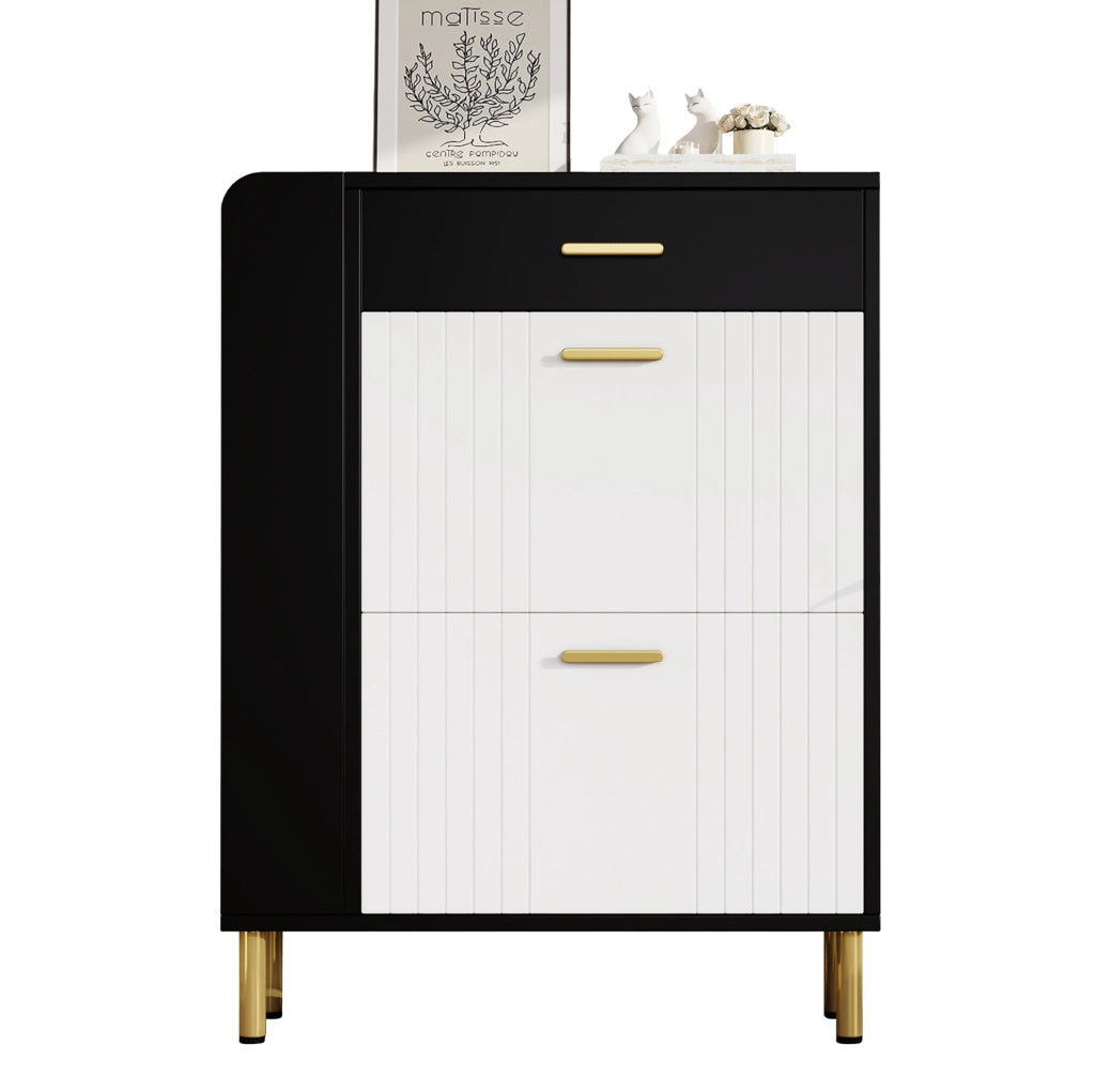 Scarpiera slim con 2 ante a ribalta; 1 cassetto e 3 scomparti aperti; 80x24x105 cm; bianco e nero