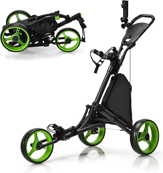Carrello da Golf Pieghevole con 3 Ruote, Struttura in Alluminio, Cinghia Elastica, Portaombrello Regolabile e Porta Bicchiere, Segnapunti e Freno a Pedale
