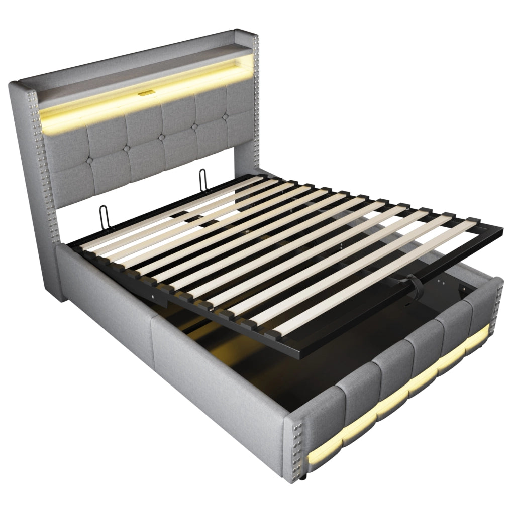 Letto imbottito 140x200 cm grigio chiaro, struttura in legno e metallo con LED e USB