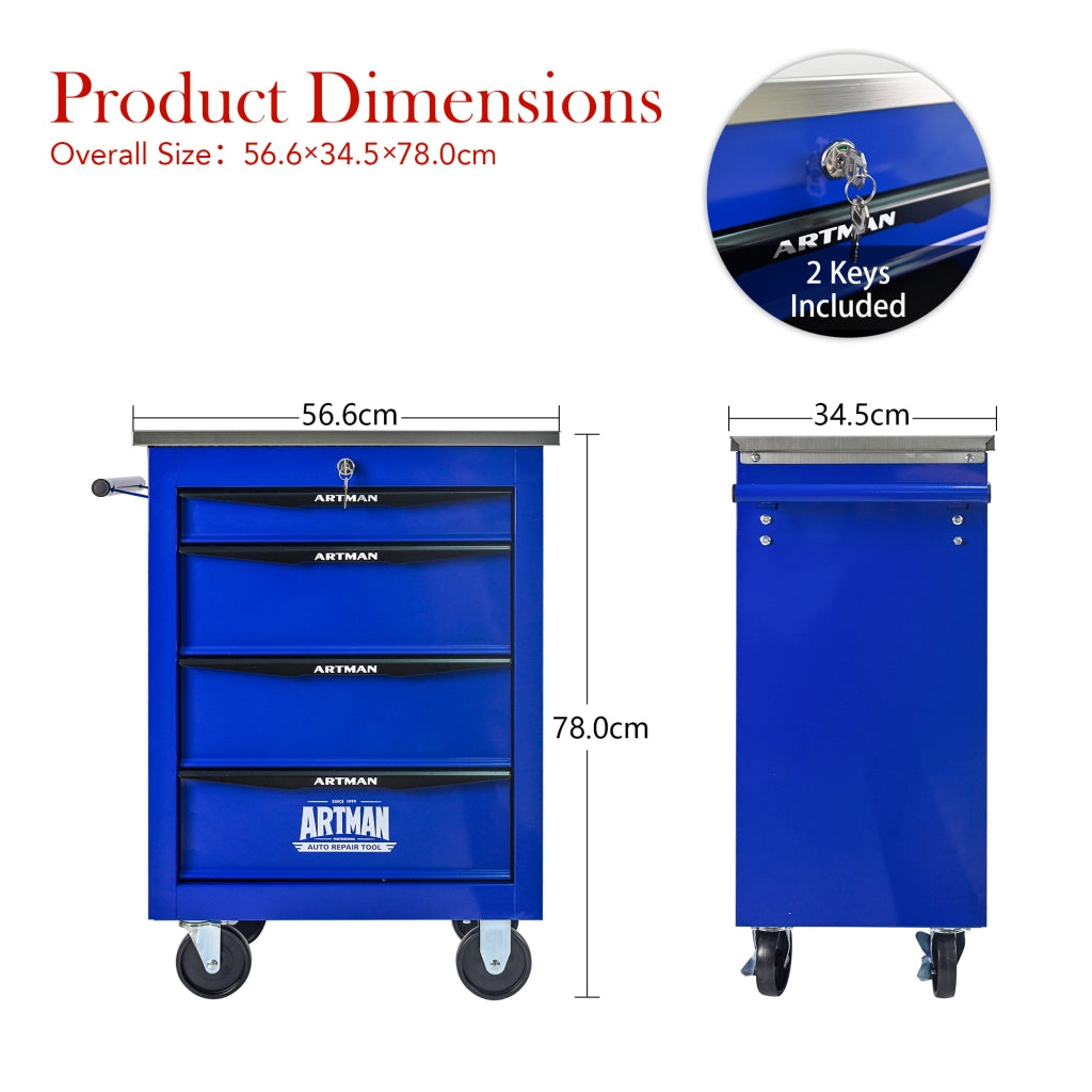 Carrello porta attrezzi con 4 cassetti e ruote piroettanti per garage e officina in acciaio nero e blu 62.5 × 34.5 × 78 cm