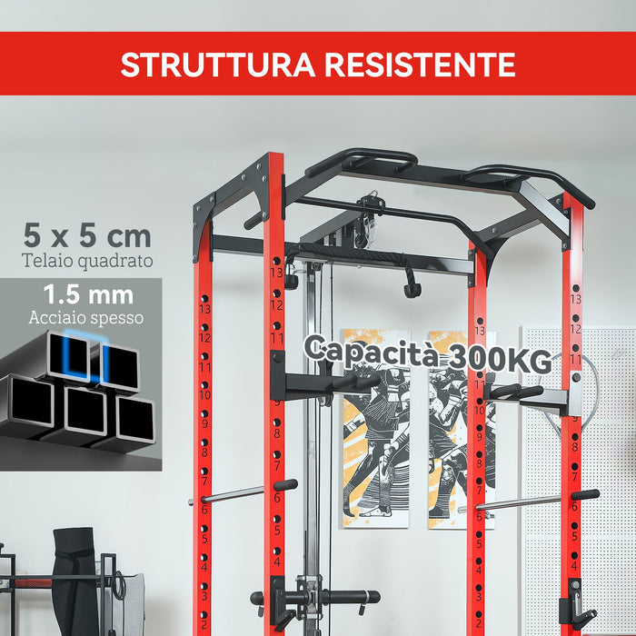 Stazione Fitness 191x153x205 cm Bilanciere Trazioni e Dip in Acciaio Rosso e Nero