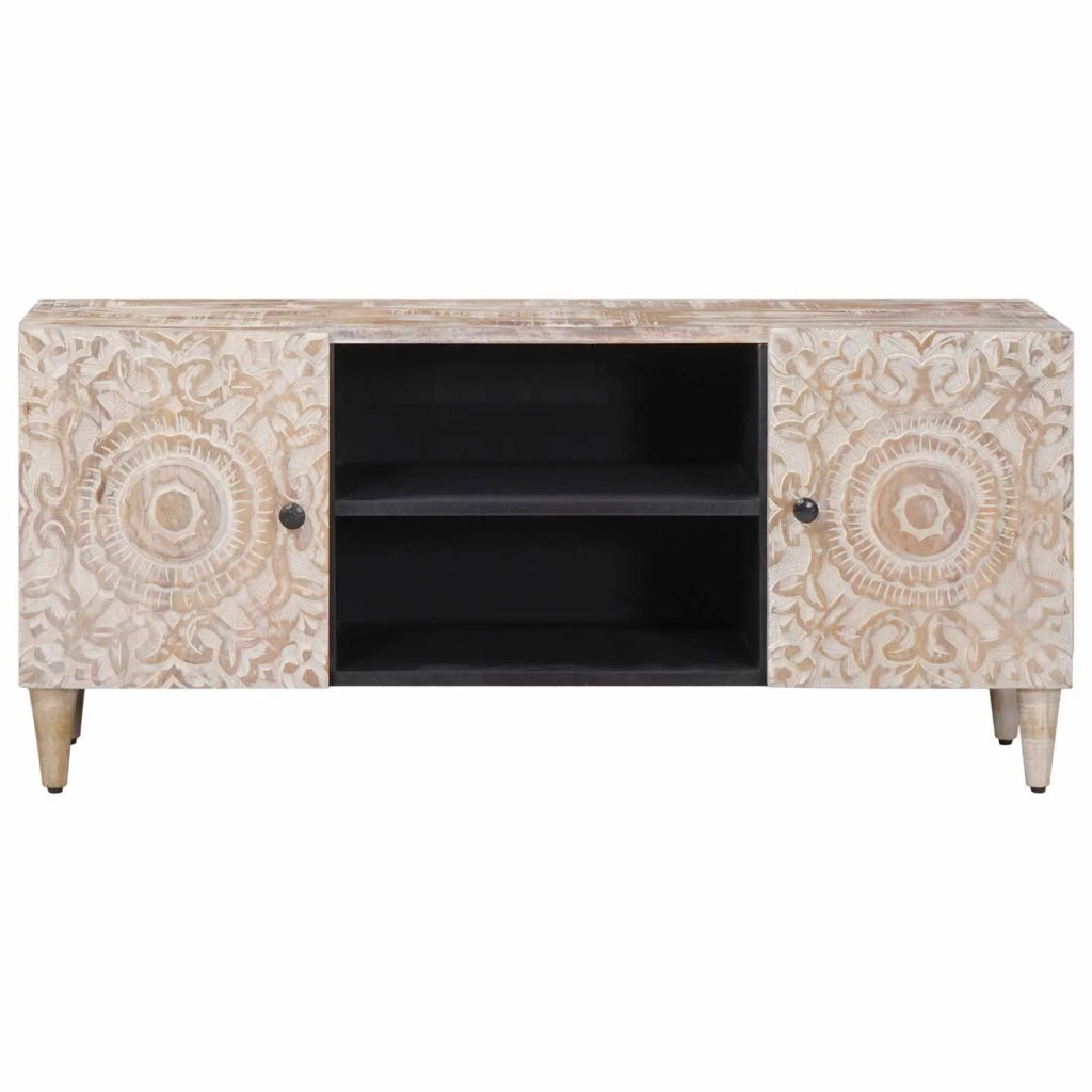 Mobile TV Bianco 105 x 33,5 x 46 cm Legno di mango massello