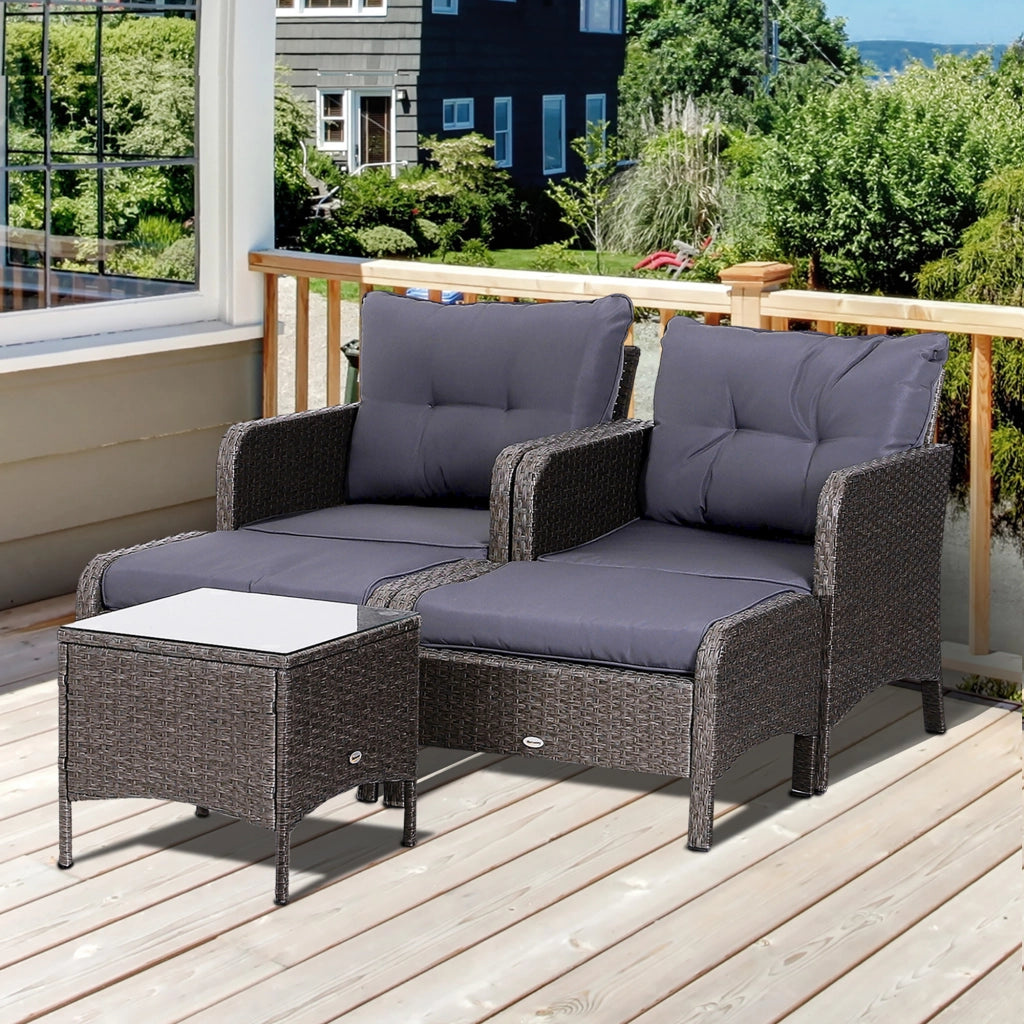 Set Mobili da Giardino 2 Poltrone 2 Poggiapiedi 1 Tavolino in Vetro Temperato Rattan Grigio