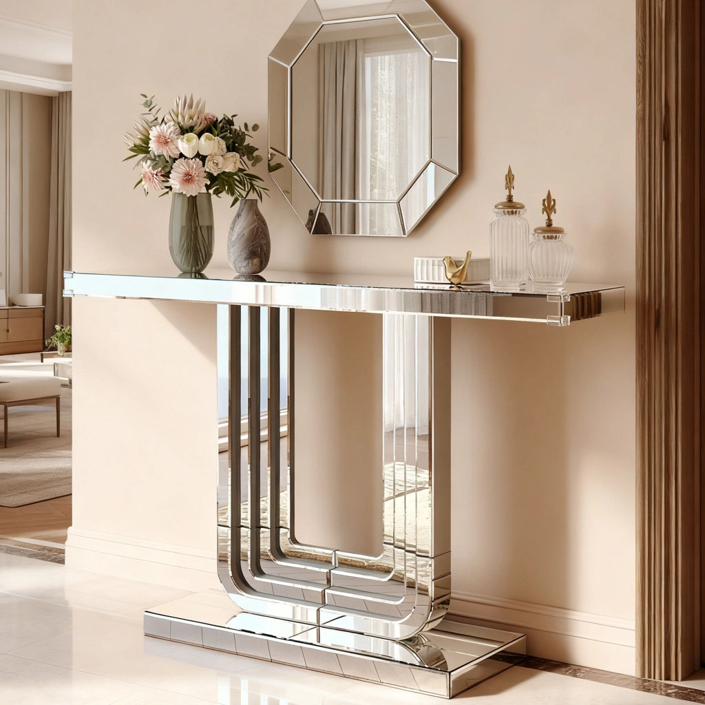 Consolle specchiata con base a U in MDF effetto vetro argentato per ingresso e soggiorno 135 × 40 × 31,5 cm