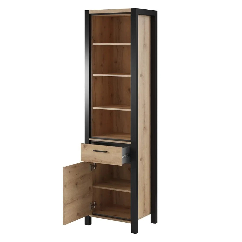 Vetrina alta collezione TIVORA. Colore quercia e nero. LED inclusi