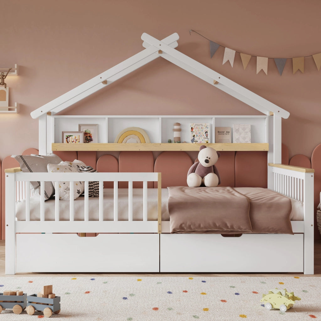 Letto per bambini 140x200 cm con tetto, sponde di sicurezza e 2 cassetti