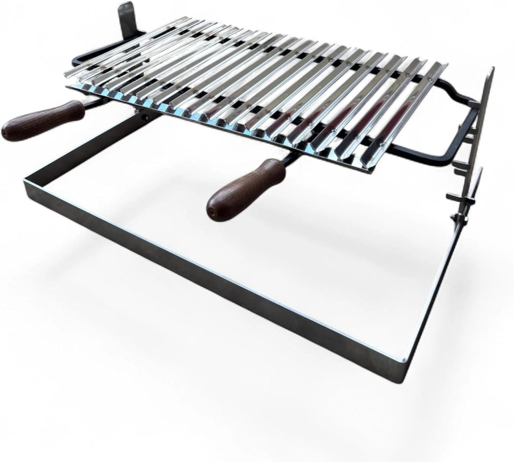 Griglia per Barbecue in Acciaio Inox, Sistema Scolagrassi, Manici in Legno, Base in Ferro Regolabile su 3 Altezze 70x45cm, Superficie di Cottura 54cm