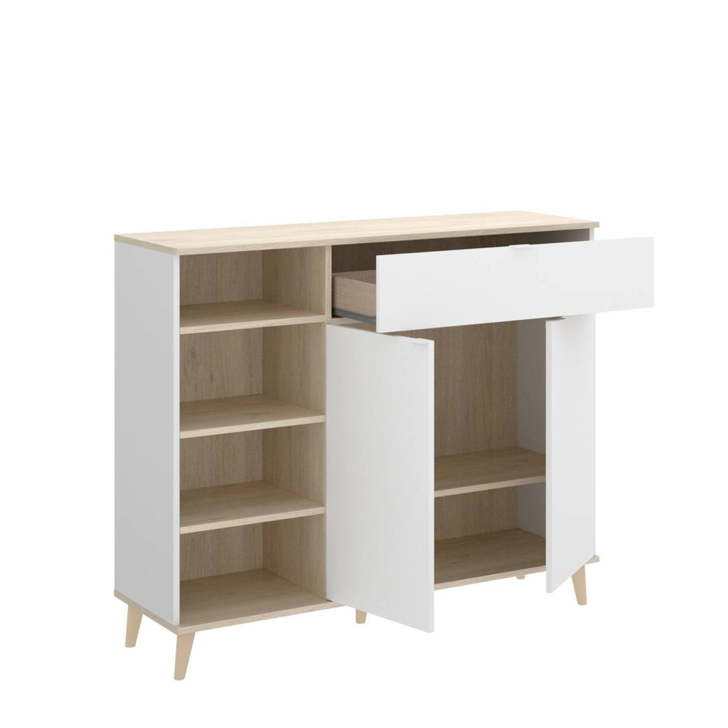 Credenza Aleandro, Buffet dispensa da soggiorno, Madia da salotto moderna a 2 ante, 120x40h102 cm, Bianco e Rovere