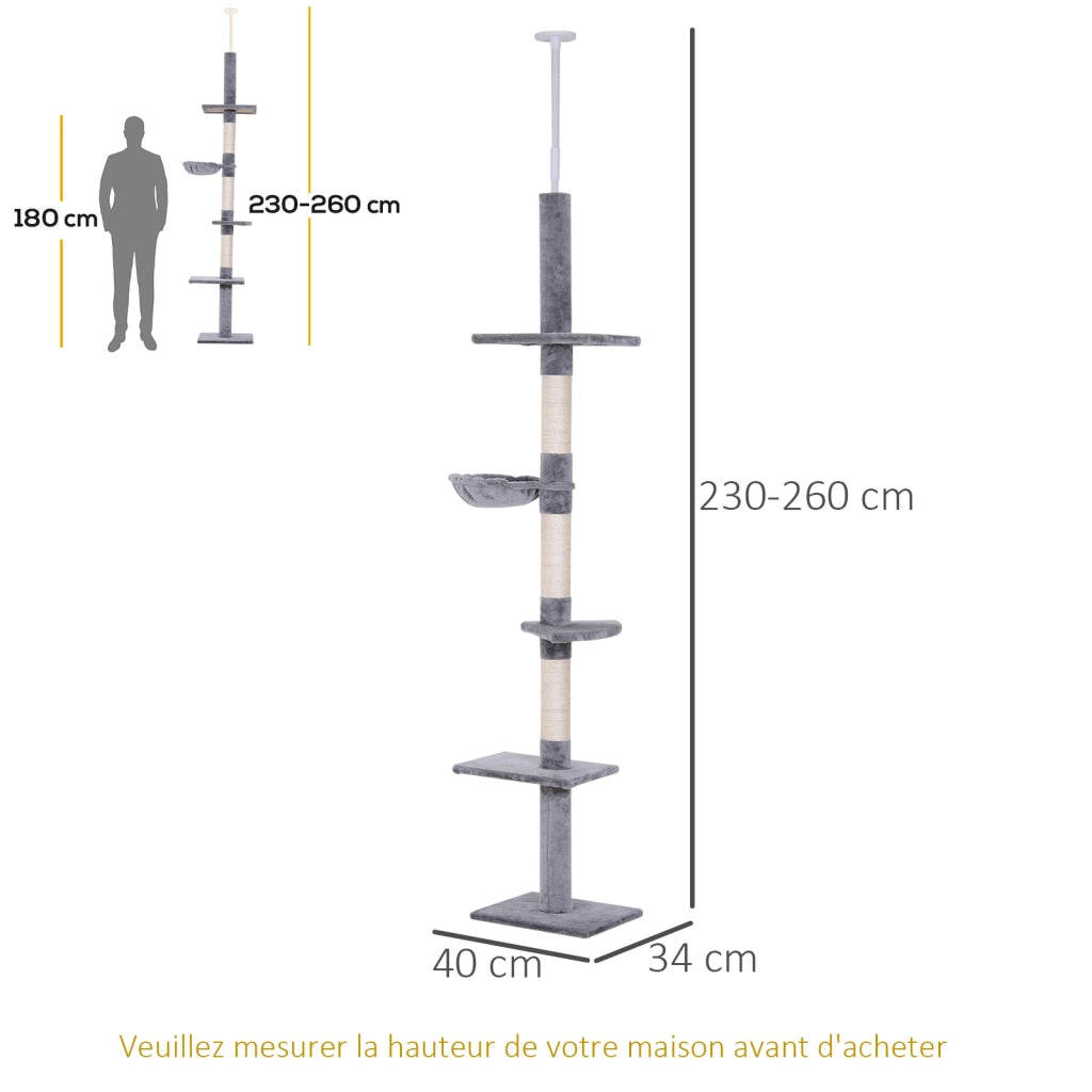 Albero tiragraffi per gatti con 5 livelli ¨C zephmum ¨C Grigio 40x34x230-260cm