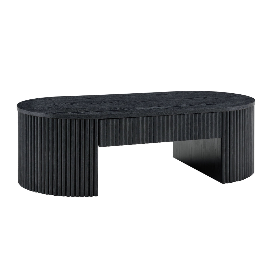 Tavolino da caffè ovale 118x65x17 cm con cassetto estraibile e scanalature verticali in MDF nero