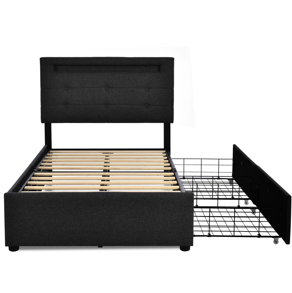 Letto singolo con LED; 2 cassetti e materasso molle 90x200 cm in lino nero