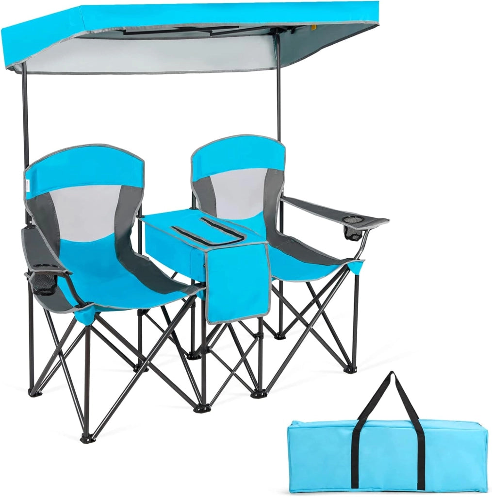 Sedie da Campeggio Pieghevoli, Panchina da Picnic a 2 Posti Regolabile con Tettoia, Sedia Portatile e Pieghevole per Campeggio, Spiaggia, Giardino (Blu Marino)