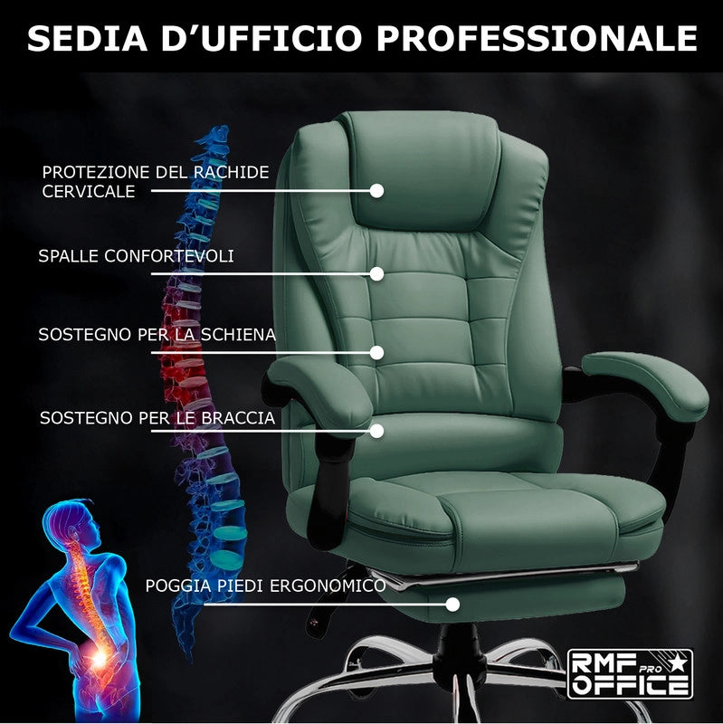 SEDIA DA UFFICIO ERGONOMICA RECLINABILE REGOLABILE IN ALTEZZA CON POGGIA PIEDI VERDE