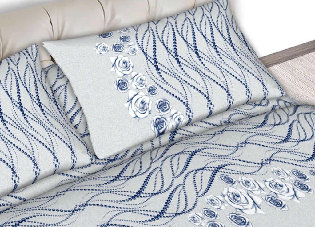 Completo Lenzuola Letto In 100% Cotone Made In Italy Disegni Assortiti C.N - 2 Piazze - Ginevra Azzurro