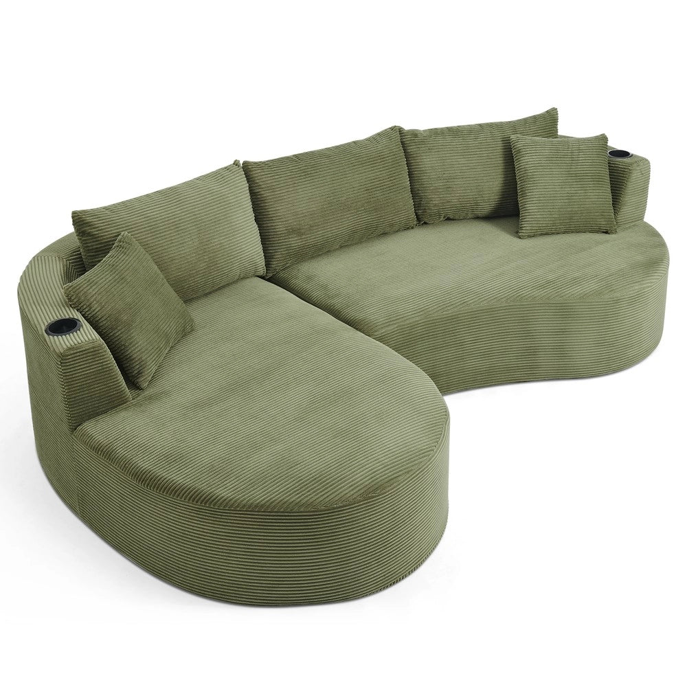 Divano 3 Posti con Chaise Longue ¨C Xylo ¨C Tessuto a Coste, Verde, con Cuscini e Portabicchieri