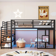 Letto a soppalco singolo 90 × 200 cm con scala contenitore, luci LED e finestre, senza materasso, nero