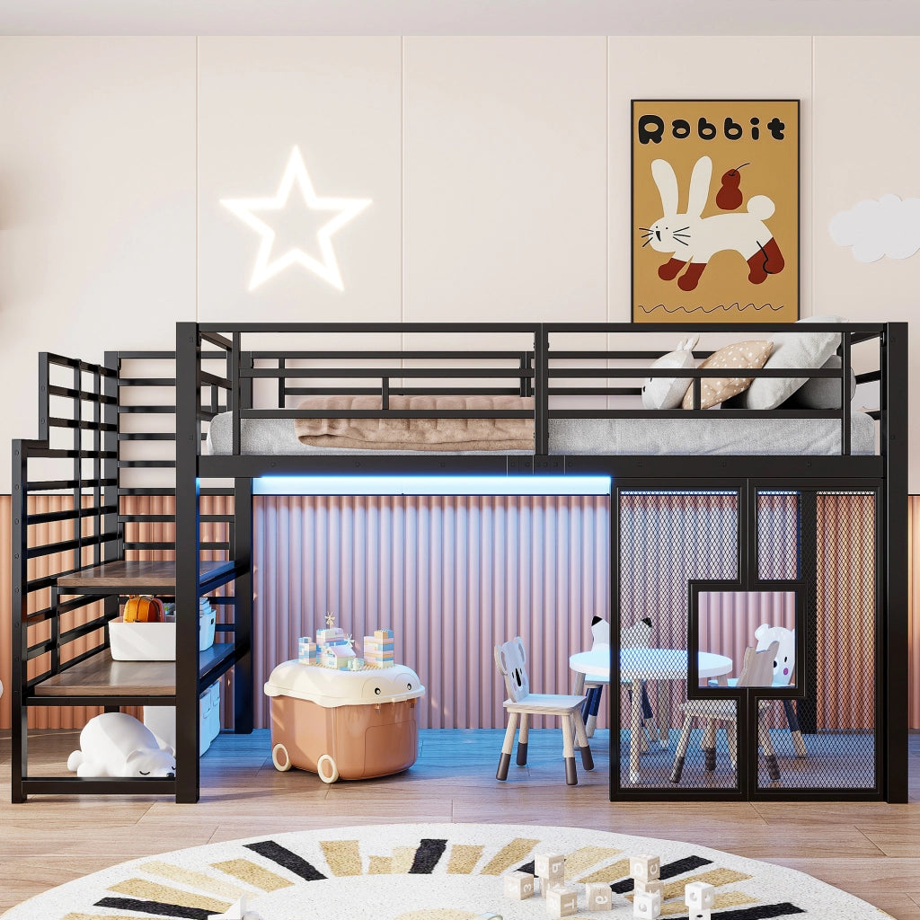Letto a soppalco singolo 90 × 200 cm con scala contenitore, luci LED e finestre, senza materasso, nero