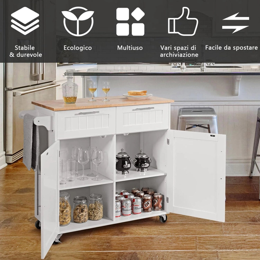 Carrello da Cucina, Isola da Cucina con Cassetti Portaoggetti e Armadietti, Ruote Universali e Portasciugamani, Ideale per Casa Ristorante Bar (Bianco)