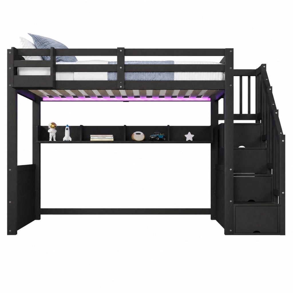 Letto a soppalco 90x200 cm nero con scala contenitore; armadio e illuminazione LED