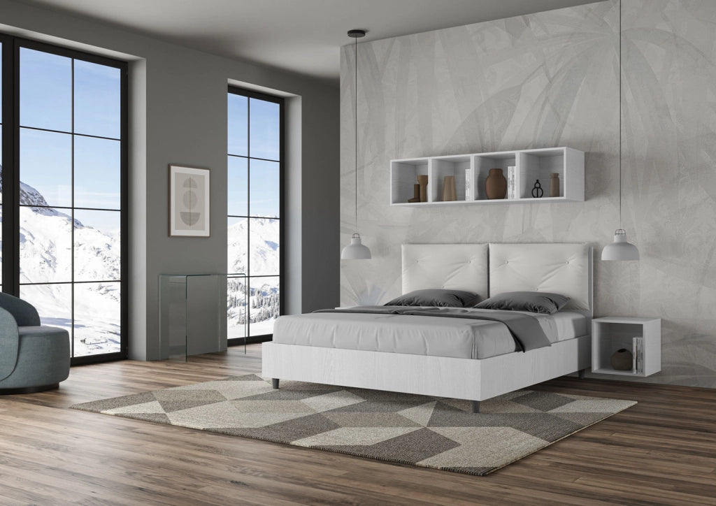 Letto Matrimoniale 160x200 cm con Rete Struttura Bianco Frassico con Cuscini in Similpelle Egos Appia Bianco