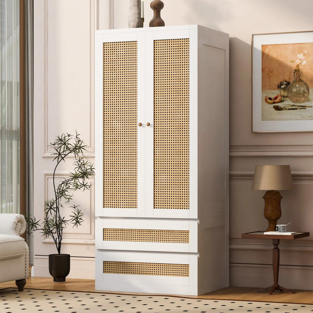 Armadio a 2 ante con 2 cassetti e finitura effetto rattan