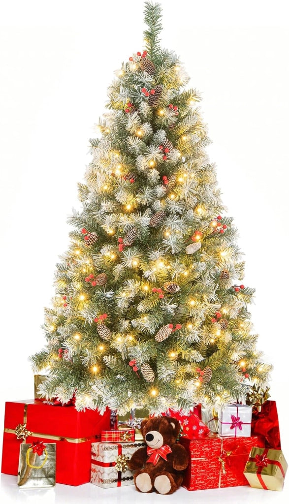Albero di Natale Pre-Illuminato 150 cm, Albero di Natale con 200 Luci LED Bianche Calde, 8 Modalità di Illuminazione, 450 Punte di Ramo, Bacche Rosse e Pigne (150 cm)