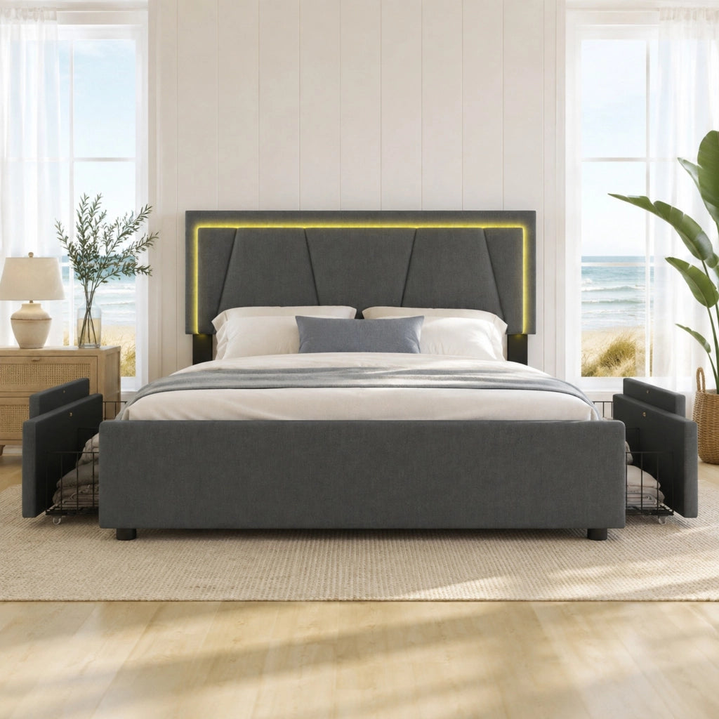 Letto matrimoniale 140x200 cm con LED e 4 cassetti, grigio