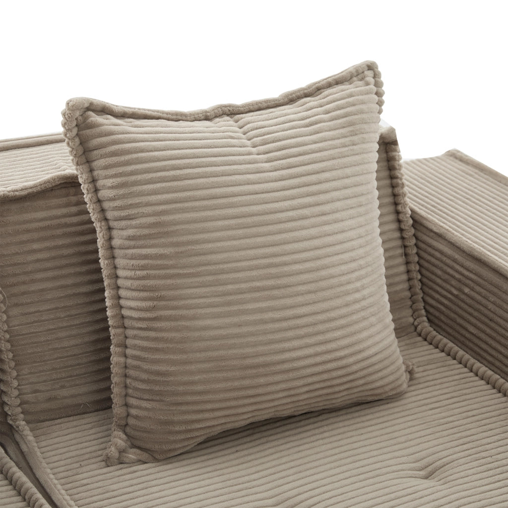 Pouf divano modulare in corduroy con due cuscini, tasche laterali e seduta ergonomica