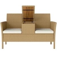 Panca da Giardino con Tavolino a Ribalta Portaoggetti, in Rattan e Acciaio, 134x58x82 cm, Crema e Cachi
