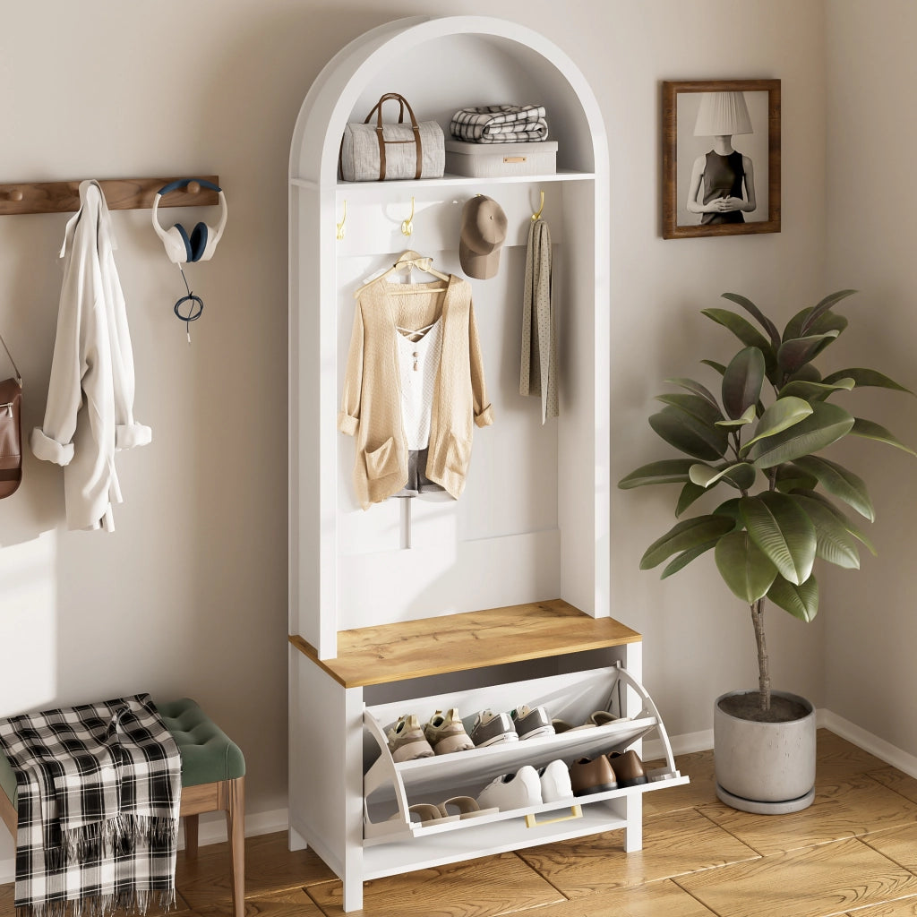 Guardaroba da Ingresso con Appendiabiti, Ripiano e Scarpiera, in MDF Bianco e Color Legno