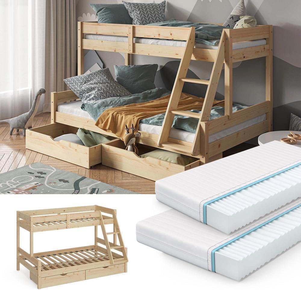 Letto a castello Everest, Legno naturale, 120x200 / 80x200 cm con 2 materassi e 2 cassetti, con scala integrata e sistema di doghe stabile