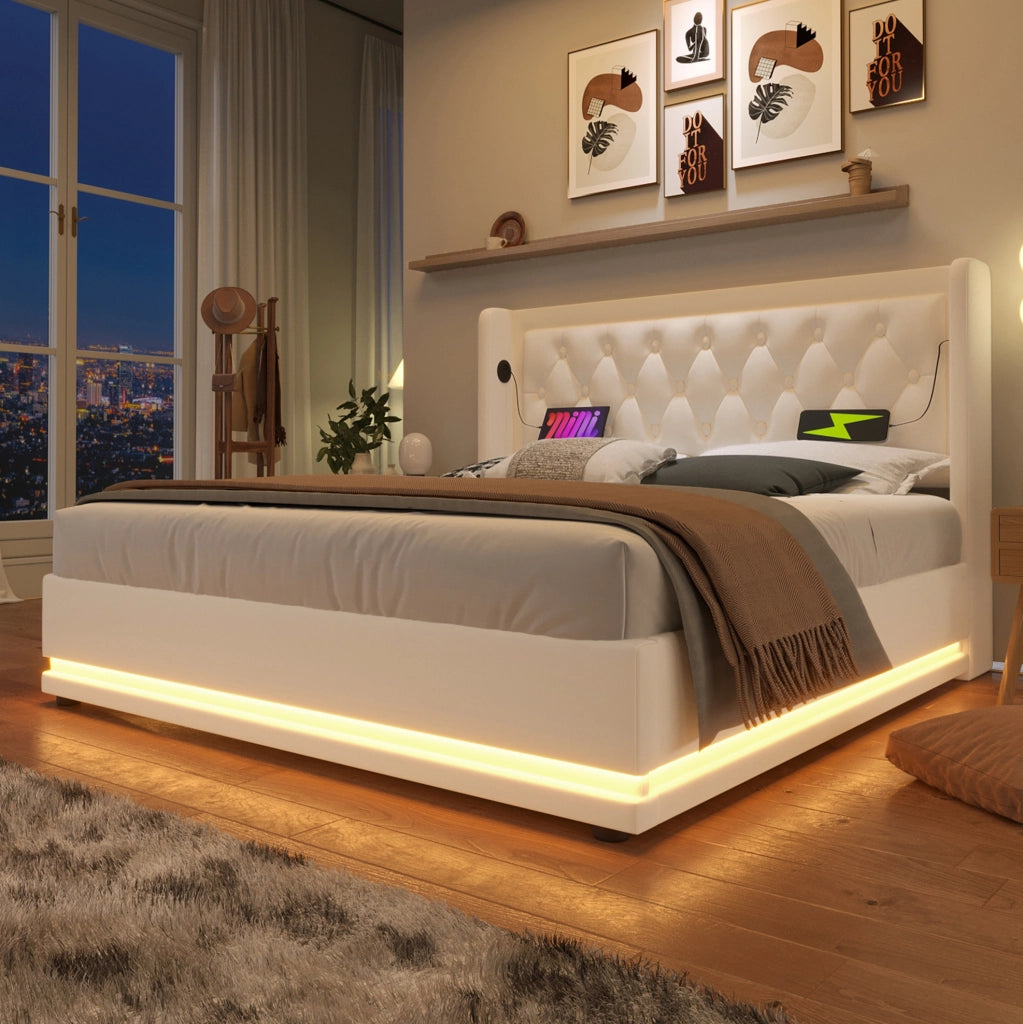 Letto matrimoniale 140x200 cm in PU bianco con contenitore; LED 3 lati e USB Type-C