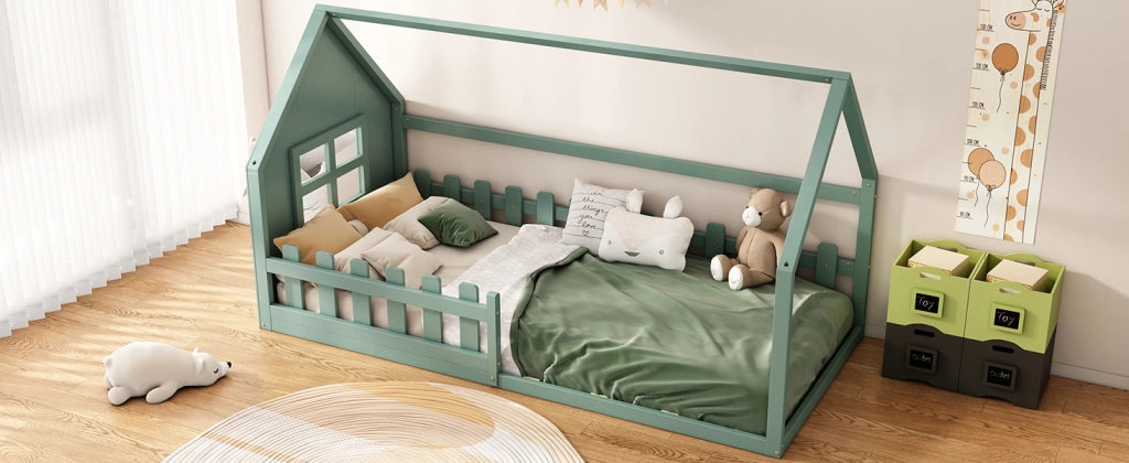 DESMIU Letto a casetta per bambini 1 posto con struttura a casa, 90 × 200 cm, senza materasso, pino e MDF, verde
