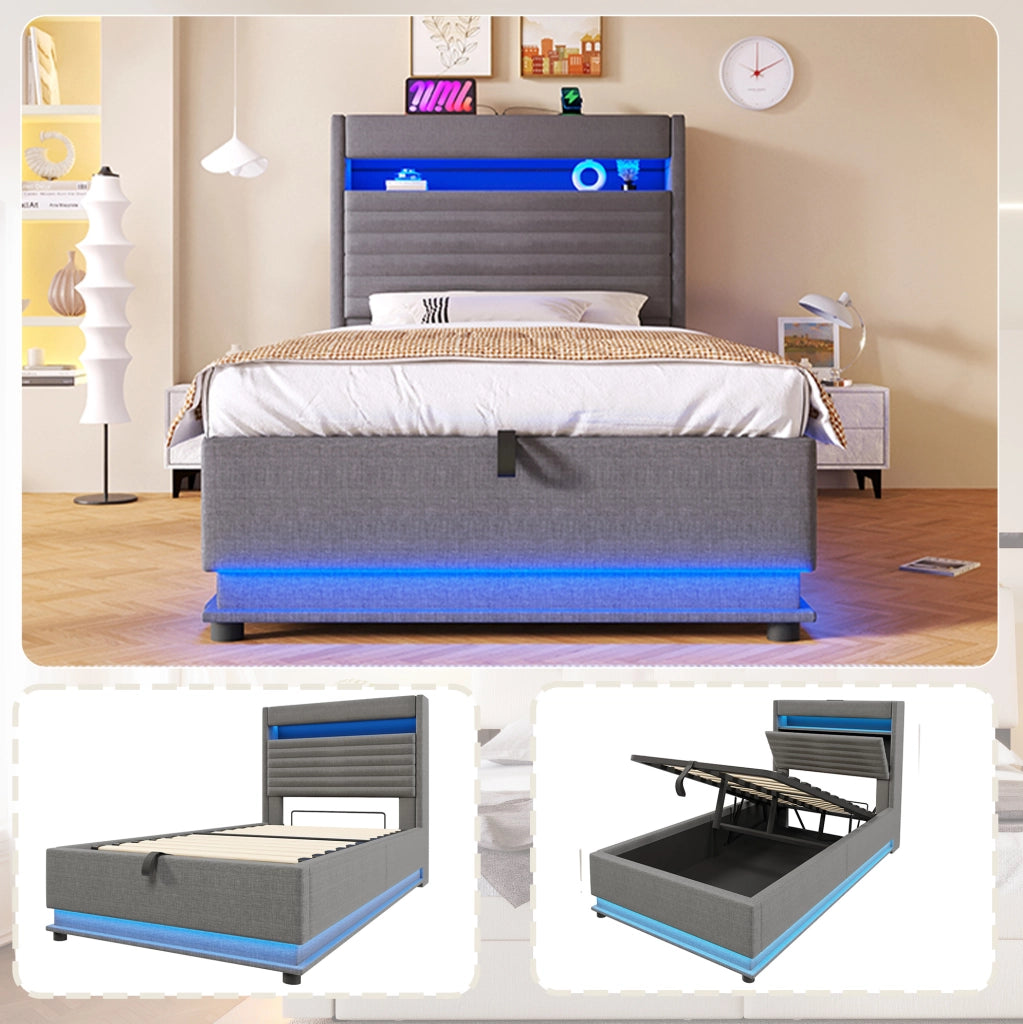 Letto imbottito singolo 90x200 cm con LED, USB-C e contenitore
