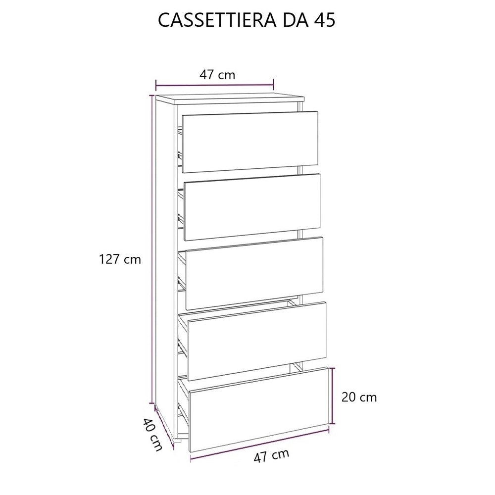 Cassettiera 5 cassetti 47x40x127h MONTATA colore bianco frassinato