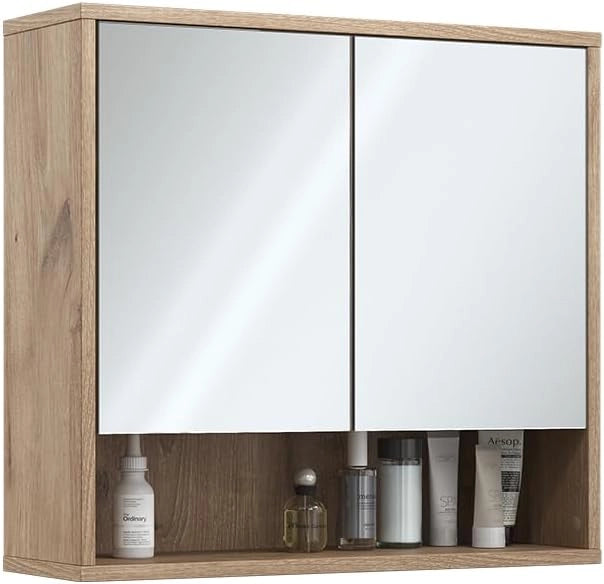 Specchio da bagno Eliza, Quercia vichinga, 70 x 65 cm con 2 porte, adatto per montaggio a parete e combinabile con la serie Eliza
