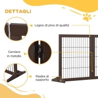 Cancelletto Pieghevole e Regolabile in Legno di Pino e Metallo con Base Stabile, per Cani e Cuccioli, 185x36x71cm