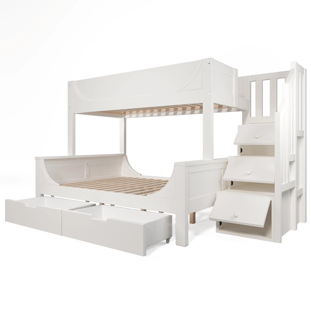 Letto a castello-Xylo-90x200+140x200cm, scala, cassetti, design slitta, bianco