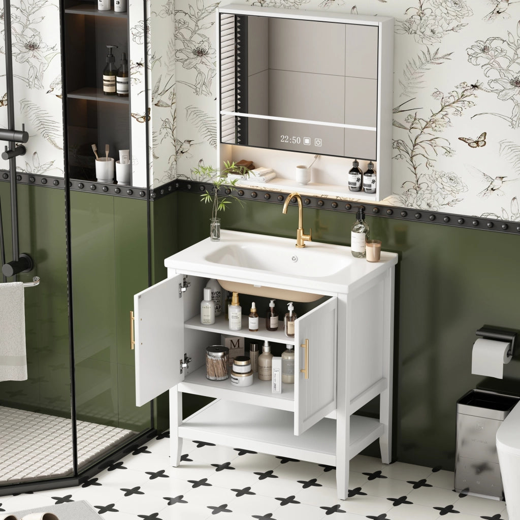 Mobile sottolavabo con lavabo in ceramica e vano inferiore aperto, struttura a pavimento, per bagno, in MDF, bianco