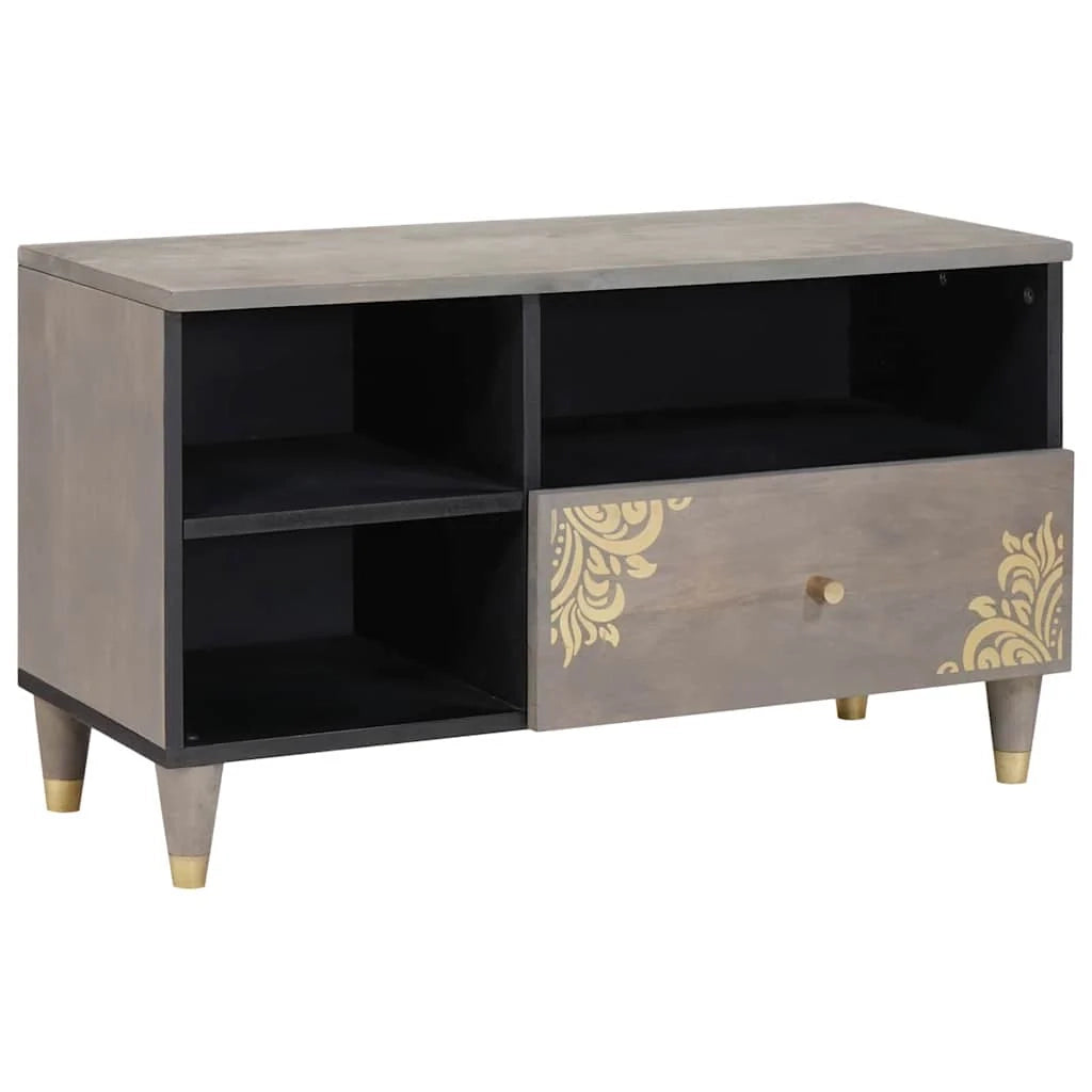 Mobile porta TV rettangolare moderno 80 x 33 x 46 cm elegante con pomelli in ottone in legno di mango grigio 02_0057885
